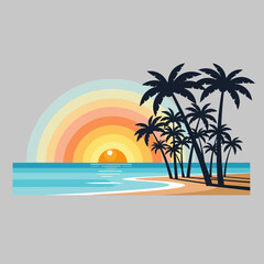 Obraz premium Tropical Beach Sunset with Palm Trees and Ocean Waves