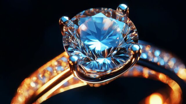 Beautiful diamond engagement ring in gold turning on a dark background showing its amazing sparkle