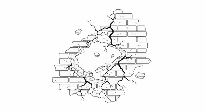 Cracks splinter a brick wall, with fragments breaking away