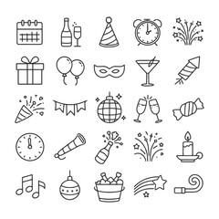 Fototapeta premium New year celebration icons collection: party, fireworks, countdown, gifts, mask, balloons.