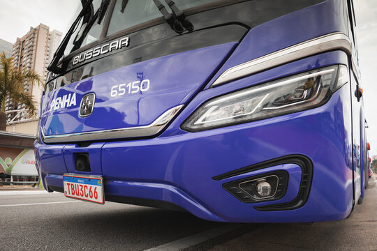 Busscar Panoramico DD NB Mercedes-Benz O500R 2025 bus on exhibition at Bus Brasil Fest 2024 show in Brazil.