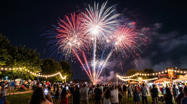 Spectacular patriotic red, white, and blue fireworks display over a summer festival crowd. Many spectators are holding up smartphones to take pictures. String lights illuminate the community gathering