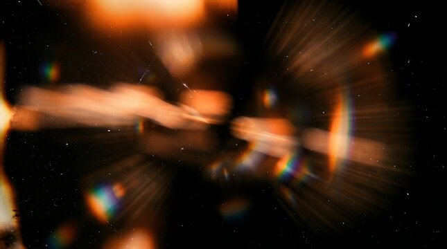Blurry abstract background with orange and rainbow light effects on black