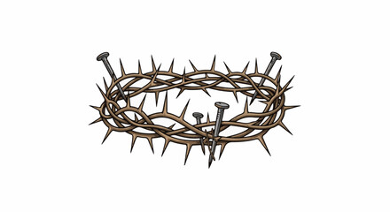 Fototapeta premium A crown of thorns with nails piercing it on a white background