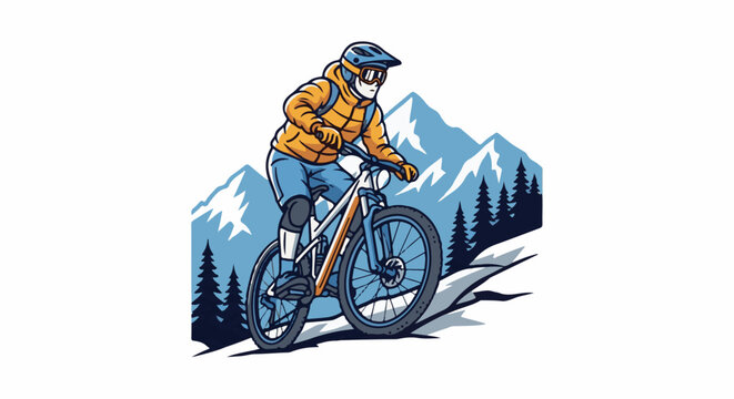 Mountain biker descends slope in action with snowy peaks backdrop