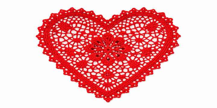 A romantic heart shape design made of red fabric and beads creates a beautiful Valentine holiday symbol for a celebration card pattern