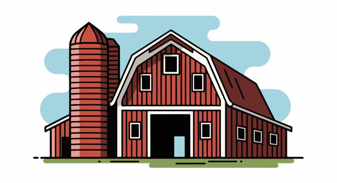 A cartoon illustration of a red barn with two silos and blue sky