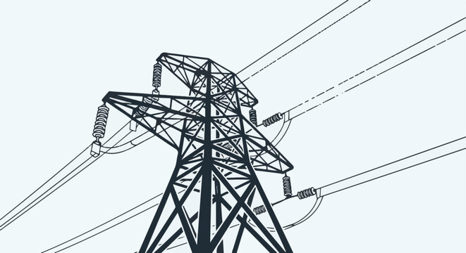 Stylized graphic of a high-voltage electrical transmission tower with wires against a light sky