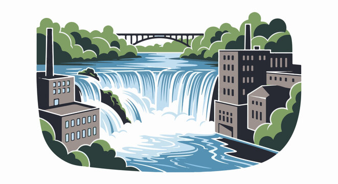 Stylized illustration of industrial buildings beside a large waterfall with a bridge