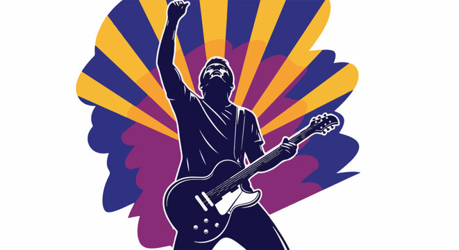 Silhouetted musician playing electric guitar, arm raised in victory
