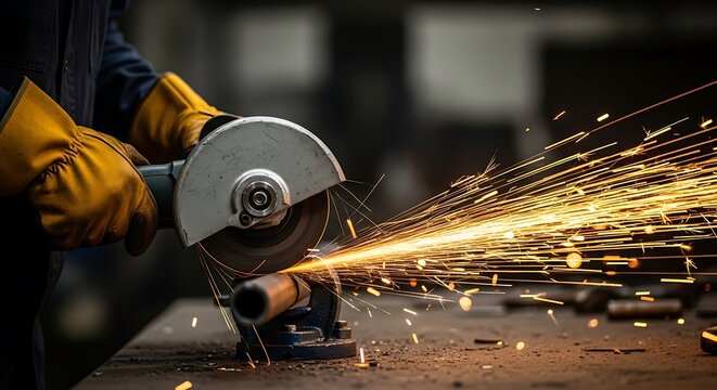Close-up of a person using an angle grinder to cut metal, creating a shower of bright sparks, highlighting industrial work and safety precautions