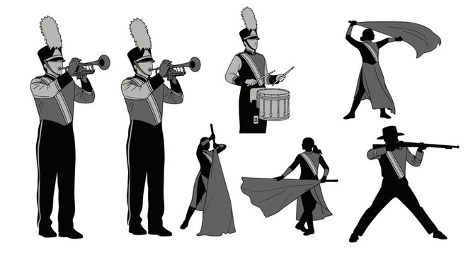 Marching Band and Color Guard Performers Set - Grayscale Illustration of Trumpet Players, Snare Drummer, Flag Spinners, and Rifle Performer in Uniform