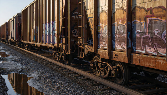 連なる貨物車両の落書き群、見知らぬ言葉が繋がる線路脇の連鎖