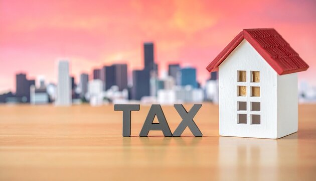 House model stands beside bold TAX letters, symbolizing property taxation, urban growth, and the financial balance between real estate, governance, and community development.