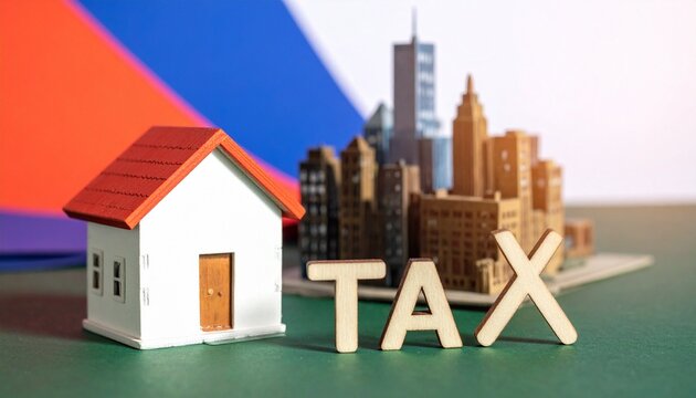 House model stands beside bold TAX letters, symbolizing property taxation, urban growth, and the financial balance between real estate, governance, and community development.