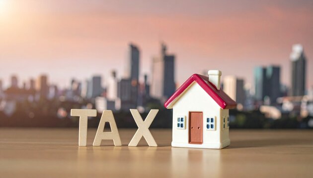 House model stands beside bold TAX letters, symbolizing property taxation, urban growth, and the financial balance between real estate, governance, and community development.