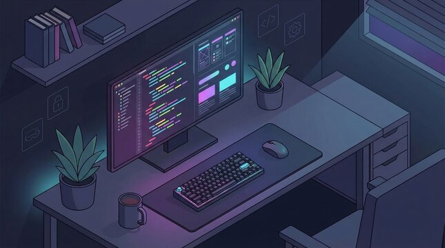 Isometric programmer workstation with monitor, keyboard and plants. Dark room with purple and blue neon lighting create a focused atmosphere. Ideal for tech blogs, coding courses or apps.