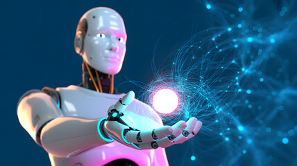 Fototapeta premium Robot holding glowing orb with blue circuits on hand futuristic technology background
