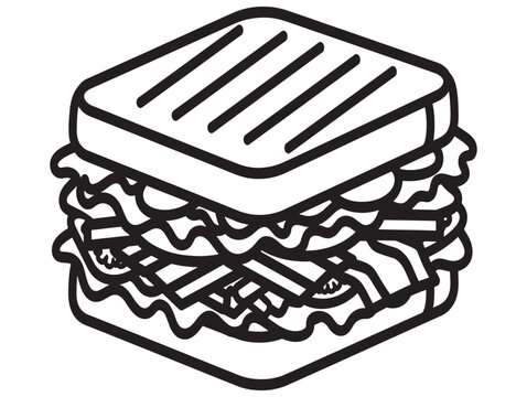 A black and white line drawing of a sandwich with a bun and lettuce