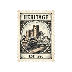 Obraz premium Heritage stamp featuring a historic castle ruin with a coastal scene and Est. 1920 emblem.