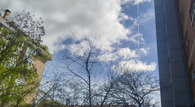 Cielo azul con nubes blancas entre edificios urbanos y ramas de &aacute;rboles sin hojas
