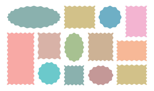 Vector set colorful zigzag wavy edge frames. Rectangular, round, circle, oval and square scalloped frames.  