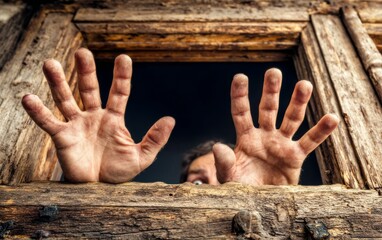Obraz premium Hands Reaching Out from the Old Window of an Ancient House