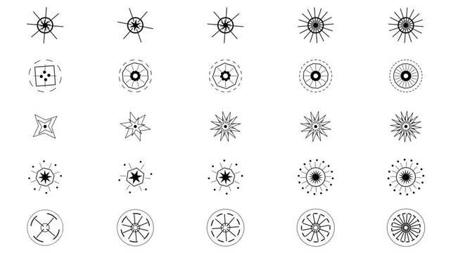 Collection of diverse geometric symbols, minimalist star and circular icons for graphic design elements and abstract concepts.