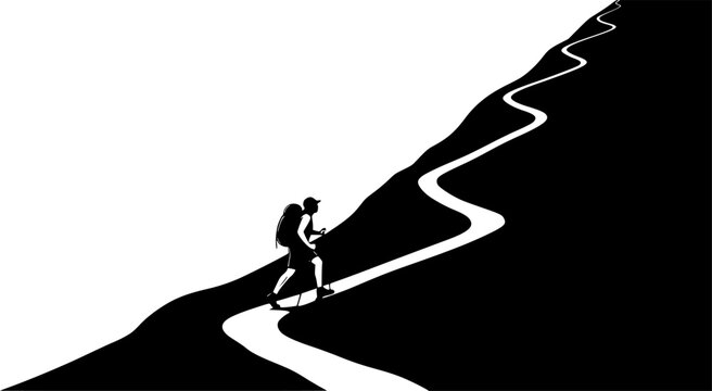 Hiker Climbing Switchback Trail Silhouette Vector Illustration