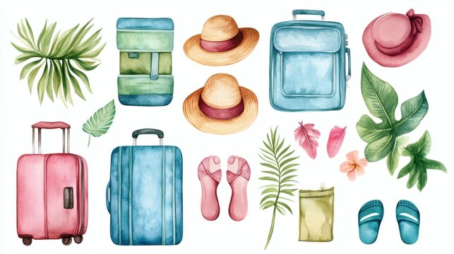 Watercolor travel elements: hats, tropical flowers, luggage, leaves, and flip-flops on white background