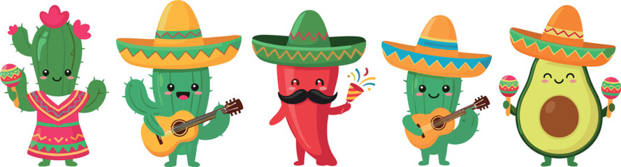 Cute Mexican Food and Fiesta Character Vector Set with Cactus, Chili Pepper, Avocado, Sombrero, Guitar, and Maracas for Cinco de Mayo, Party, and Celebration Designs © MDEsmayil