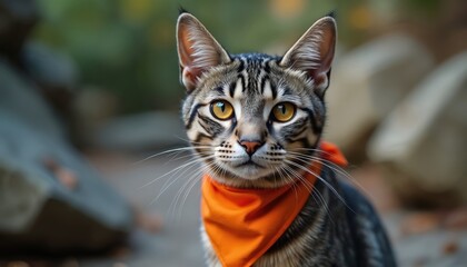 Fototapeta premium Tabby cat with yellow eyes wears orange bandana. Close up outdoor portrait of domestic pet with grey striped fur. Focus on animal face, whiskers, and ears. Natural background blur.