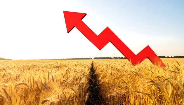 A field of golden wheat, a red arrow descends over the landscape, symbolizing decreasing values in an economic setting