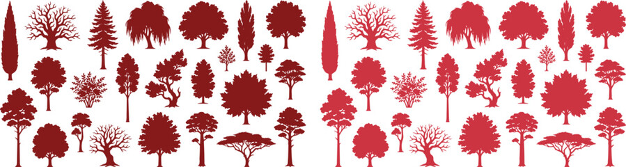 Diverse tree silhouettes vector collection, various deciduous and coniferous tree shapes, natural forest elements for landscape design and environmental projects, isolated red tree icons on white © xantii