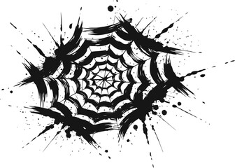 Obraz premium Spooky black spider web with paint splatters and grunge texture on white background