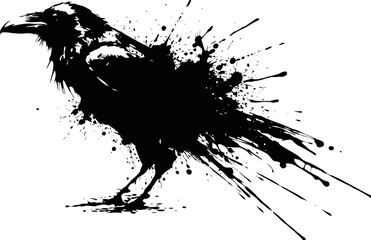 Naklejka premium black ink splatter silhouette of a raven bird in abstract grunge