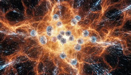 Fototapeta premium Cosmic Burst: An artistic and eye-catching view of a brilliant and fiery cosmic explosion, with celestial bodies and radiant energy swirling in a dynamic, abstract display.