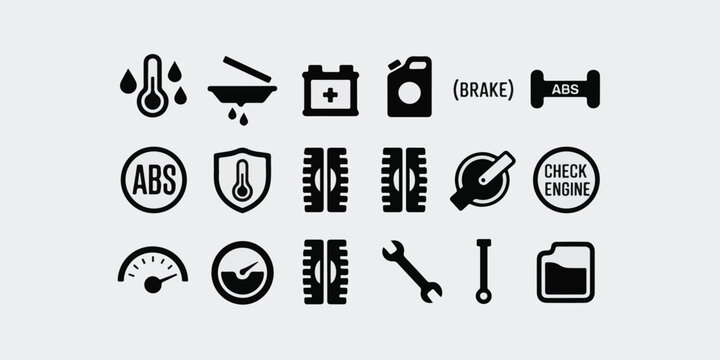 A set of black and white automotive dashboard warning icons featuring engine, brake, abs, battery, and temperature symbols in a clean minimal style.