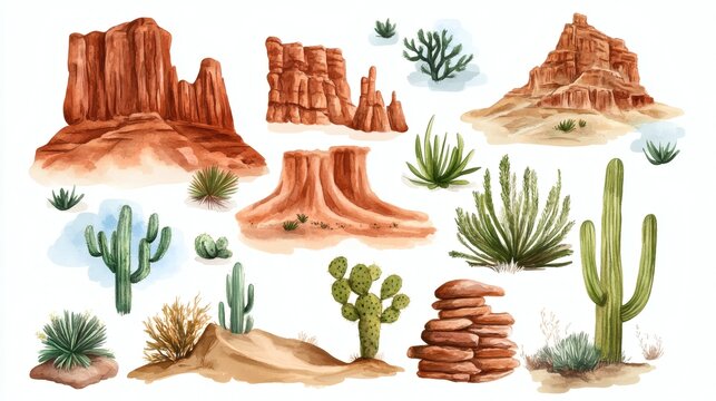 Watercolor desert elements: sand dunes, saguaro cacti, rock formations, agave and yucca plants, cairns, small shrubs, blue sky accents