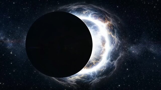 Cinematic solar eclipse with glowing corona effect dark planet silhouette against star light deep space background cosmic event astronomical