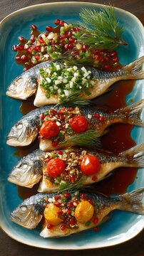 Roasted daurade royale whole fish platter with pomegranate seeds cherry tomatoes scallions and fresh dill on blue ceramic plate.