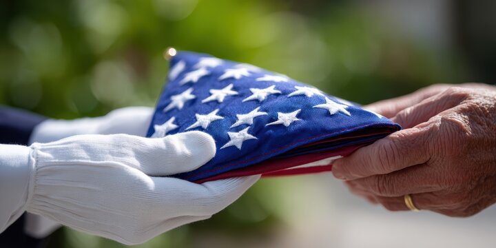 military flag ceremony, military presents folded american flag to civilian with great emotion and focus, evoking strong feelings