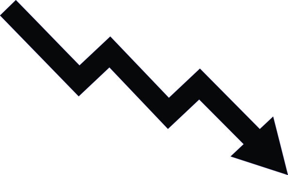 Black downward zig-zag arrow, a sharp decline indicator. Vector graphic for financial charts, stock market analysis, and business reports, signifying loss or negative trend.