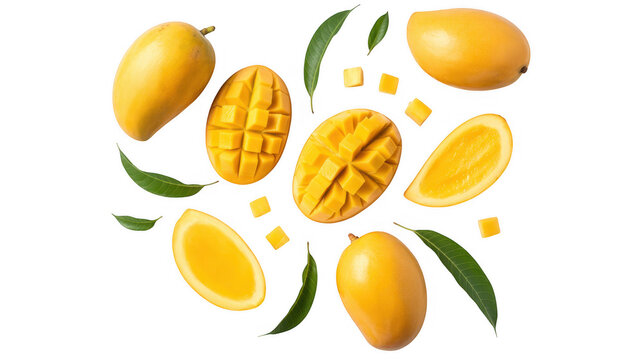 Various mangoes and slices with green leaves fruit isolated on a transparent background
