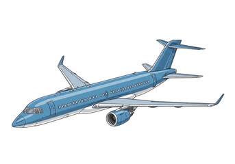 Fototapeta premium Blue commercial airplane illustration on white background, modern passenger jet aircraft in flight, isolated aviation transport vector graphic