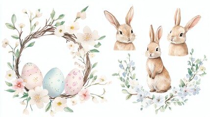 Fototapeta premium Watercolor easter set with three wreaths, three rabbits, a nest with speckled eggs; soft pastel tones, spring floral accents, whimsical cute illustration style