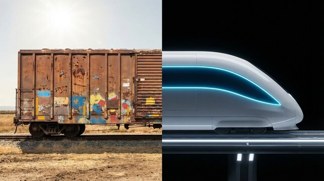 Contrasting old rusty freight boxcar with futuristic high-speed passenger train technology.