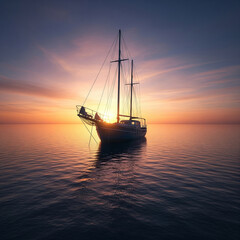 Fototapeta premium Classic tall sailing ship silhouetted against vibrant orange and purple ocean sunset with calm water