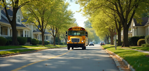 Obraz premium Yellow school bus drives on suburban street. Homes line the road with green trees. Sunny day, peaceful neighborhood, children commute to school for education.