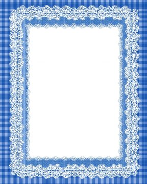A blue gingham pattern tablecloth with a white lace border frames a blank white center. This design is ideal for invitations, announcements, or decorative backgrounds.